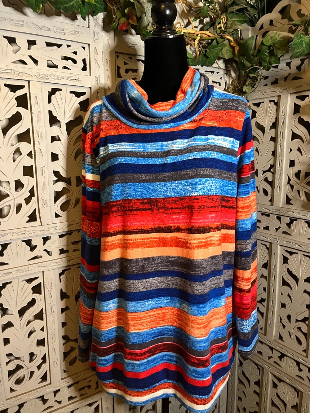 VIBRANT BLUE & MULTICOLORS HORIZONTAL STRIPES RELAXED LONG SLEEVE TUNIC TOP